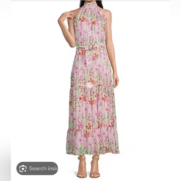 Taylor Floral Print Halter Mock Neck Sleeveless Belted Maxi Dress, Womens, 10, Botanical Iris